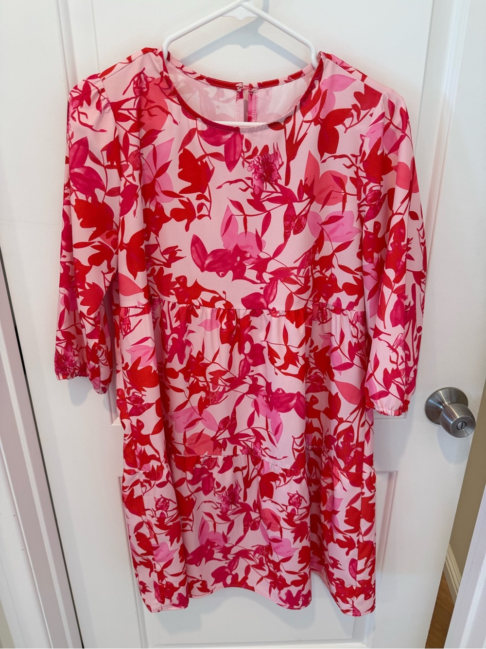 Pink Floral Shift Dress with Red Accents